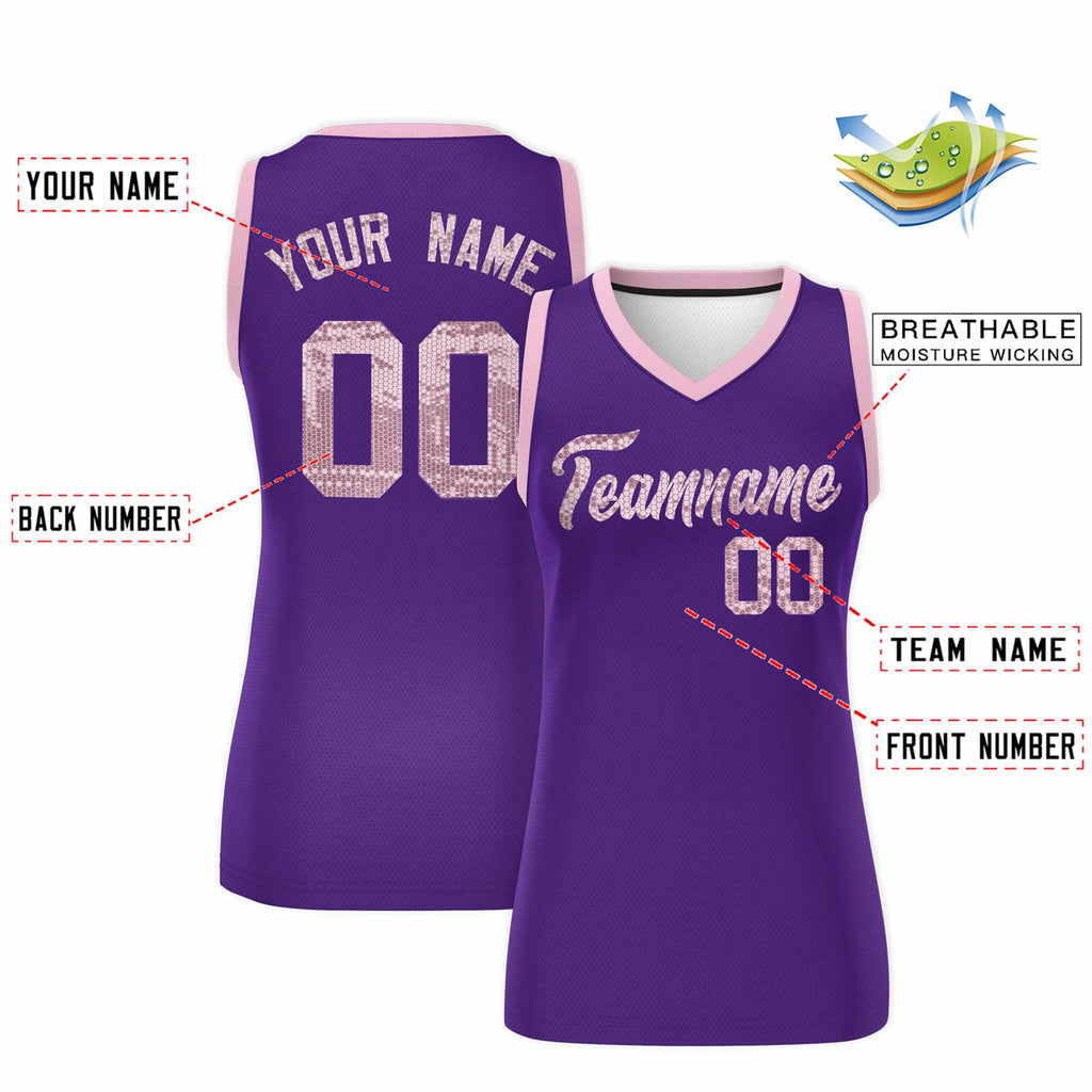 Custom Purple Light Pink Women Basketball Jersey Sequined Dress