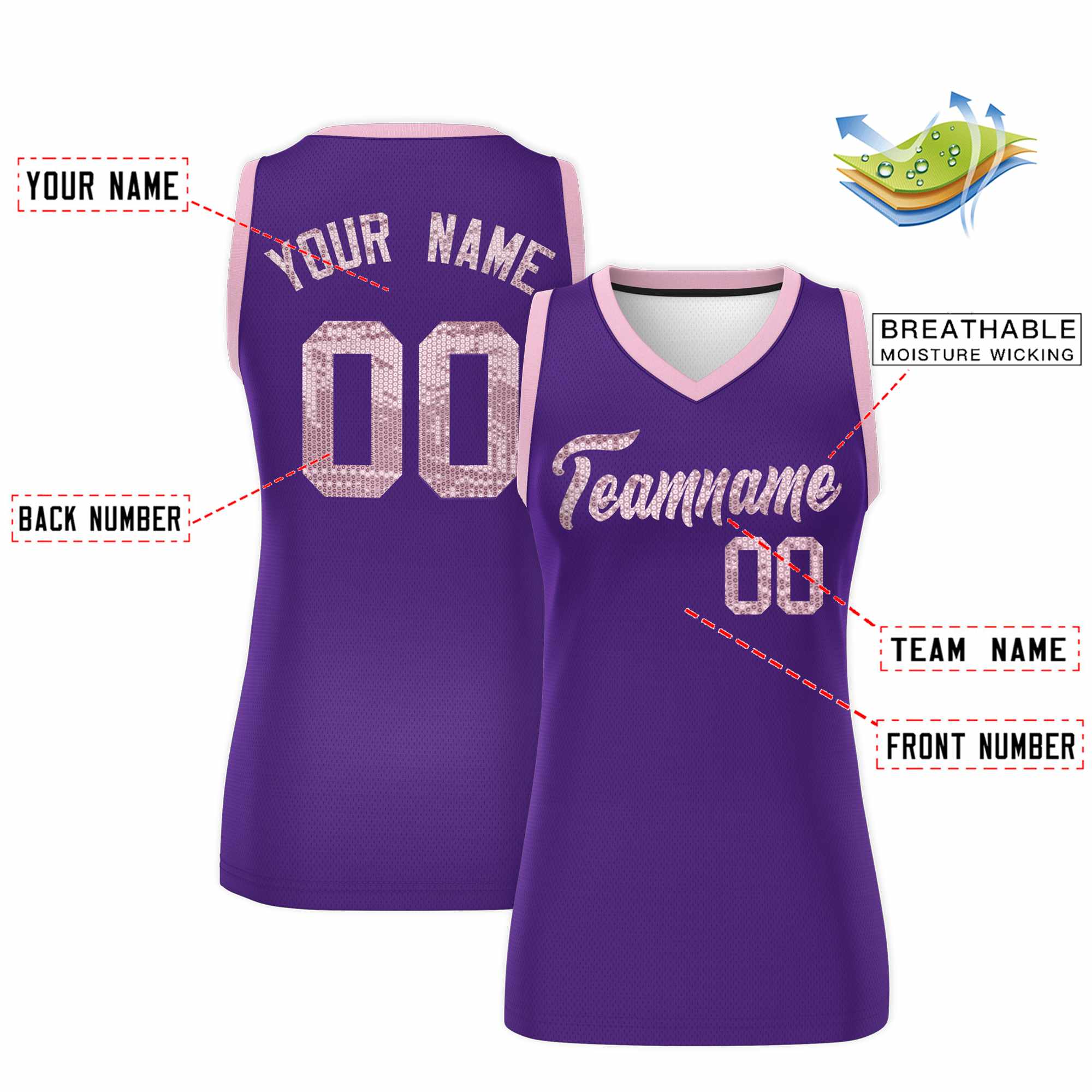 Custom Purple Light Pink Women Basketball Jersey Sequined Dress