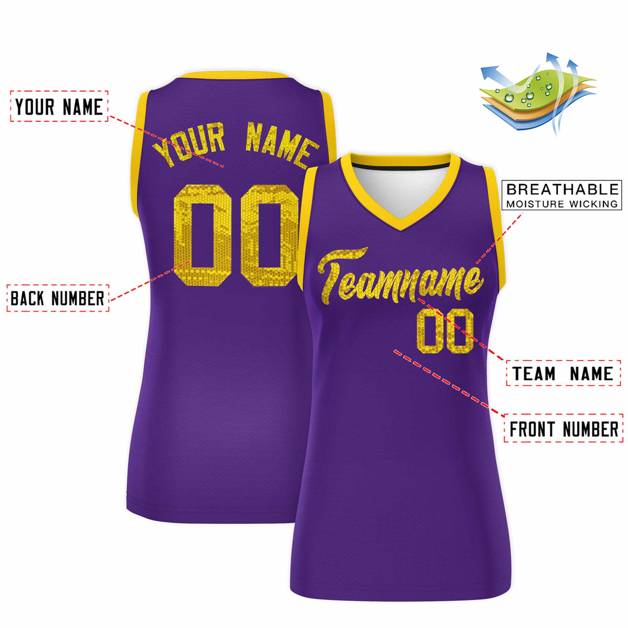 Custom Purple Gold Women Basketball Jersey Sequined Dress