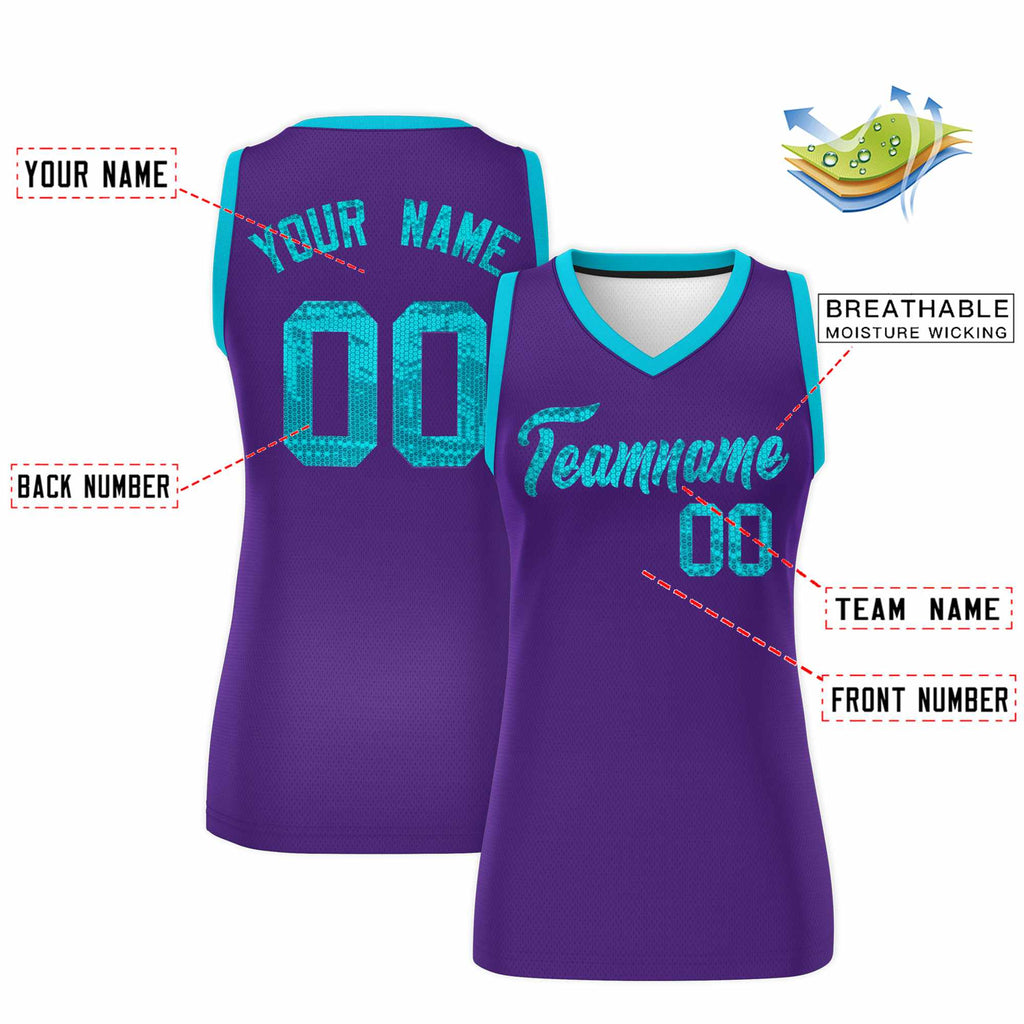 Custom Purple Sky Blue Women Basketball Jersey Sequined Dress