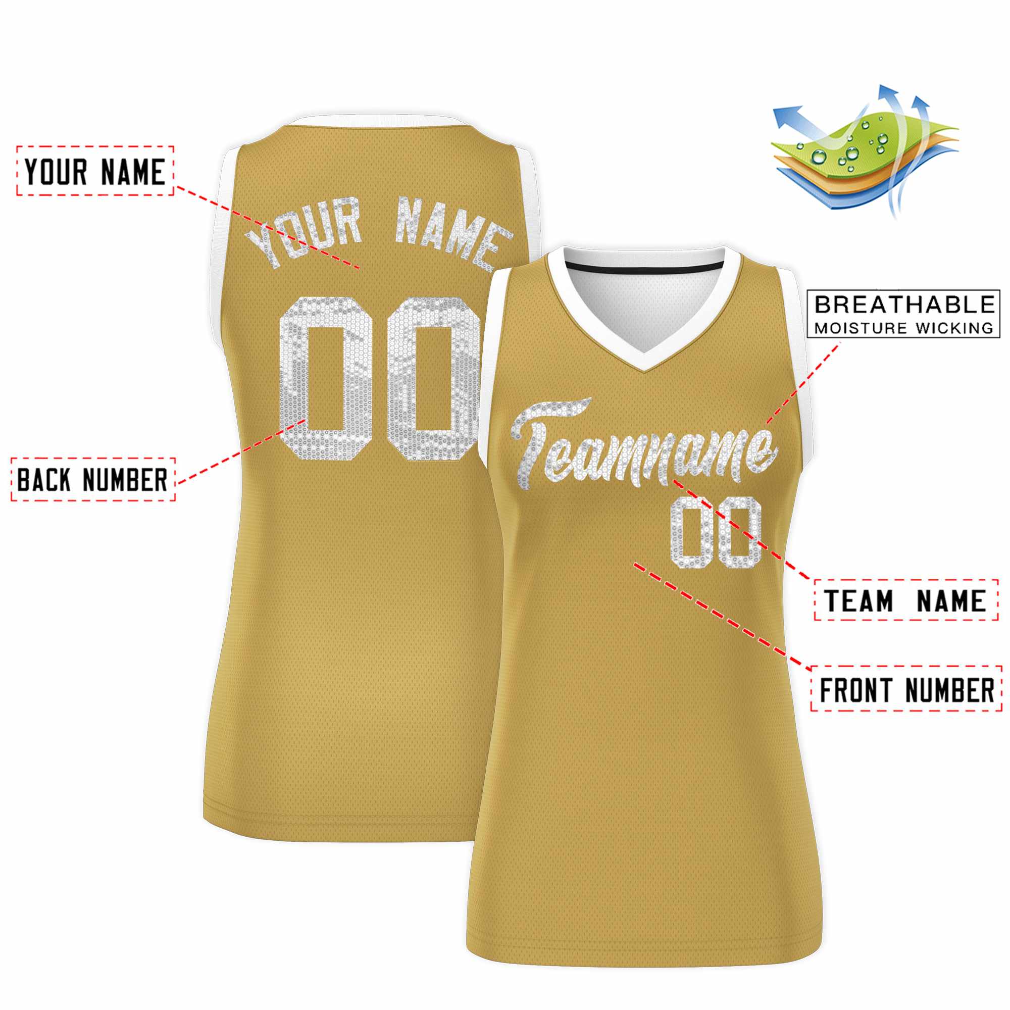 Custom Old Gold White Women Basketball Jersey Sequined Dress