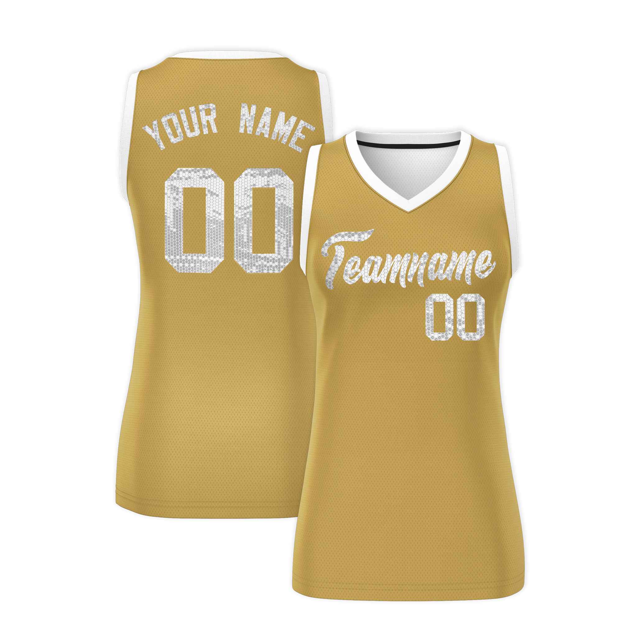 Custom Old Gold White Women Basketball Jersey Sequined Dress