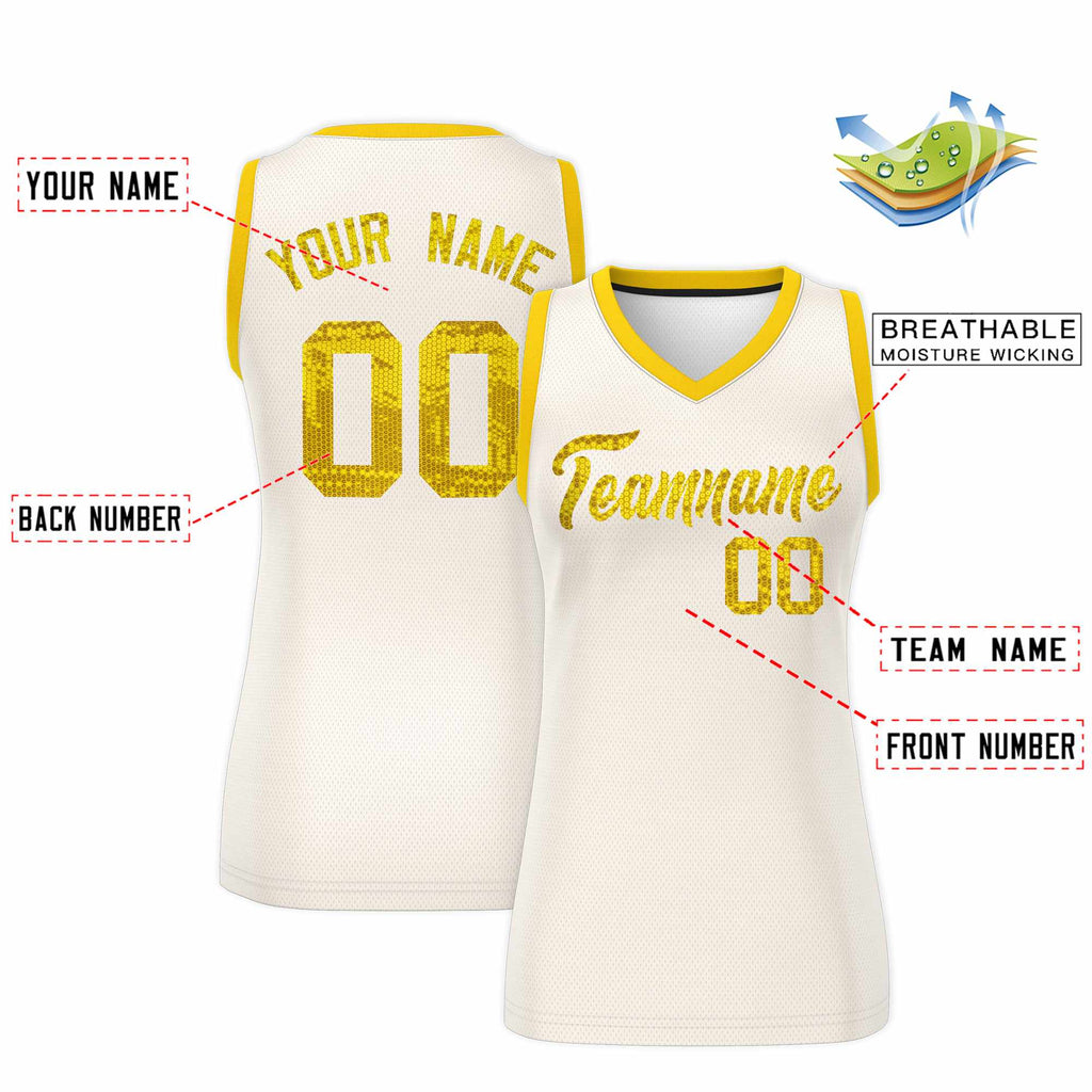 Custom Cream Gold Women Basketball Jersey Sequined Dress
