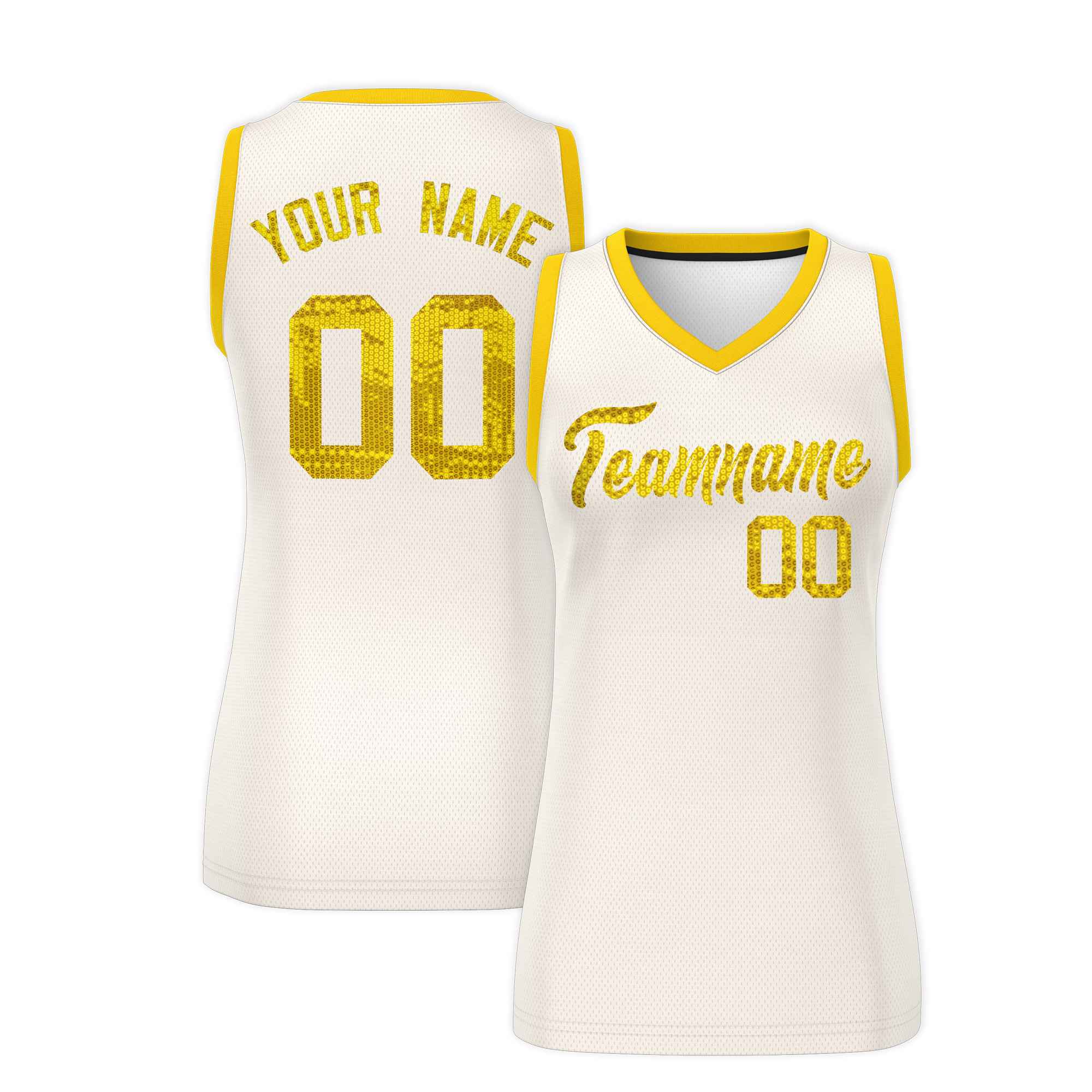 Custom Cream Gold Women Basketball Jersey Sequined Dress