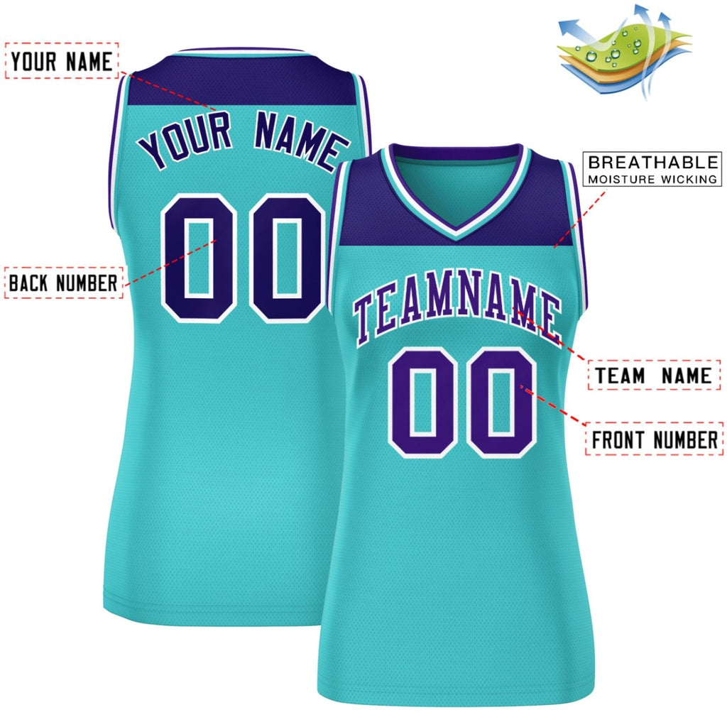 Custom Purple Aqua Color Block Fashion Tops Mesh Basketball Jersey For Women
