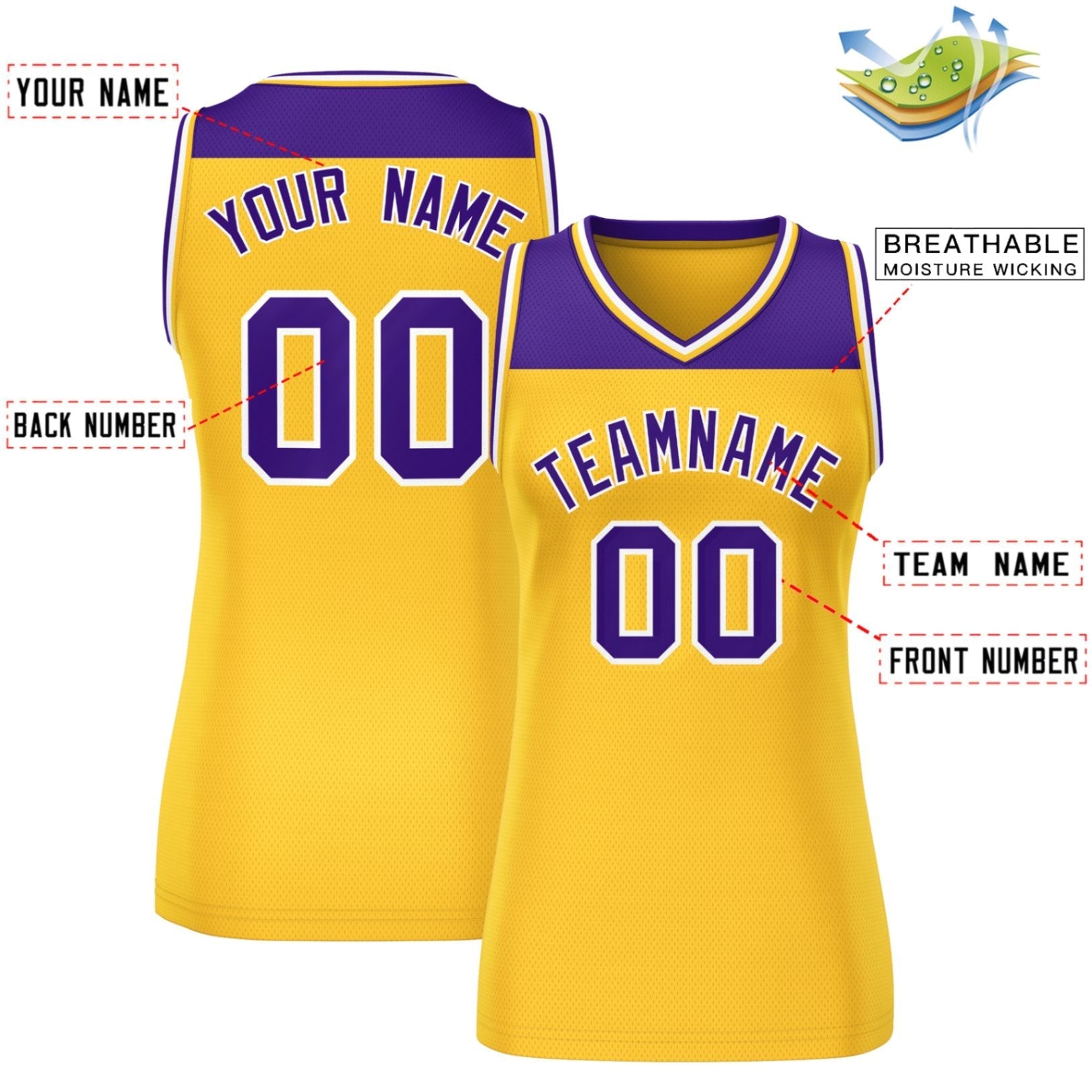 Custom Purple Gold Color Block Fashion Tops Mesh Basketball Jersey For Women