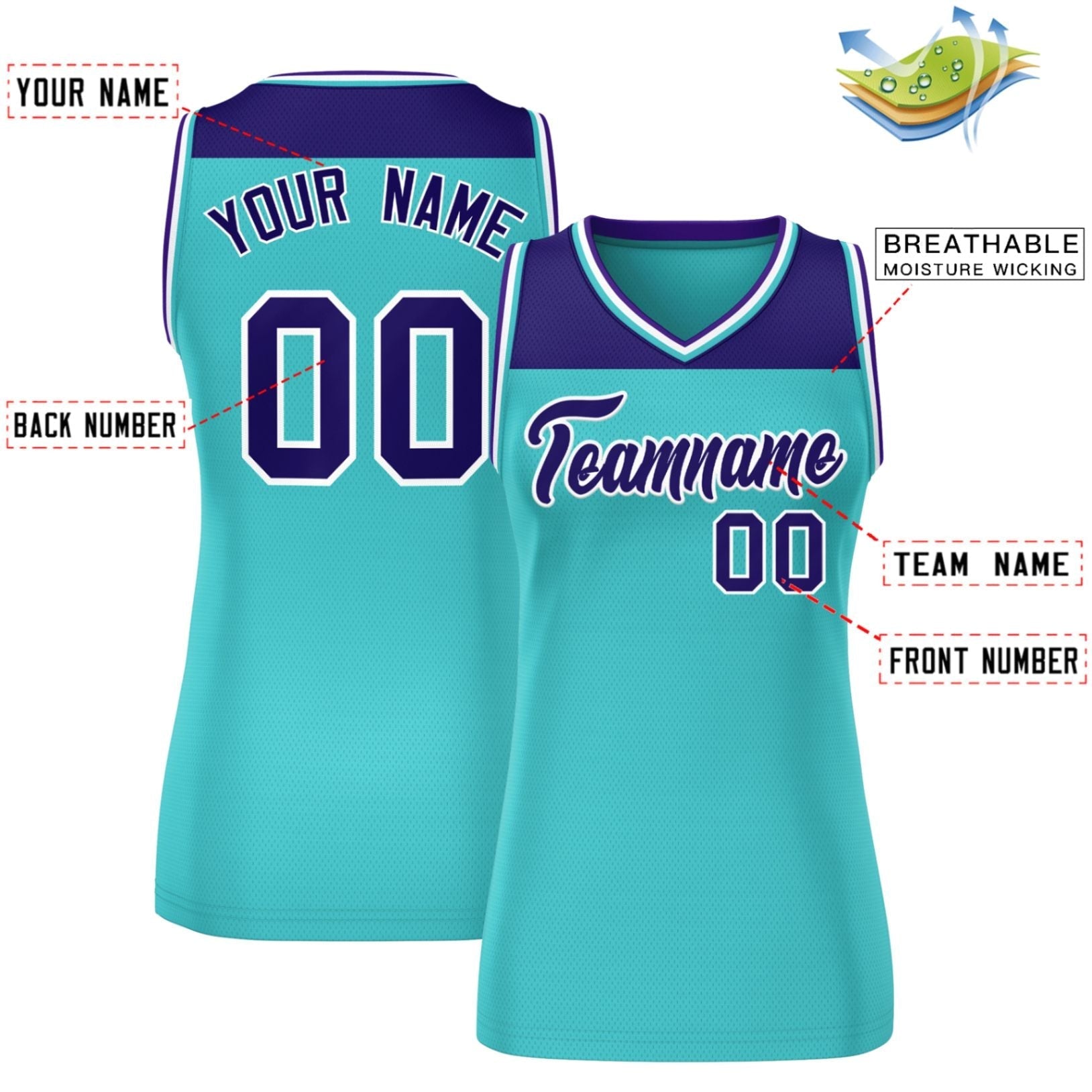 Custom Purple Aqua Color Block Fashion Tops Mesh Basketball Jersey For Women