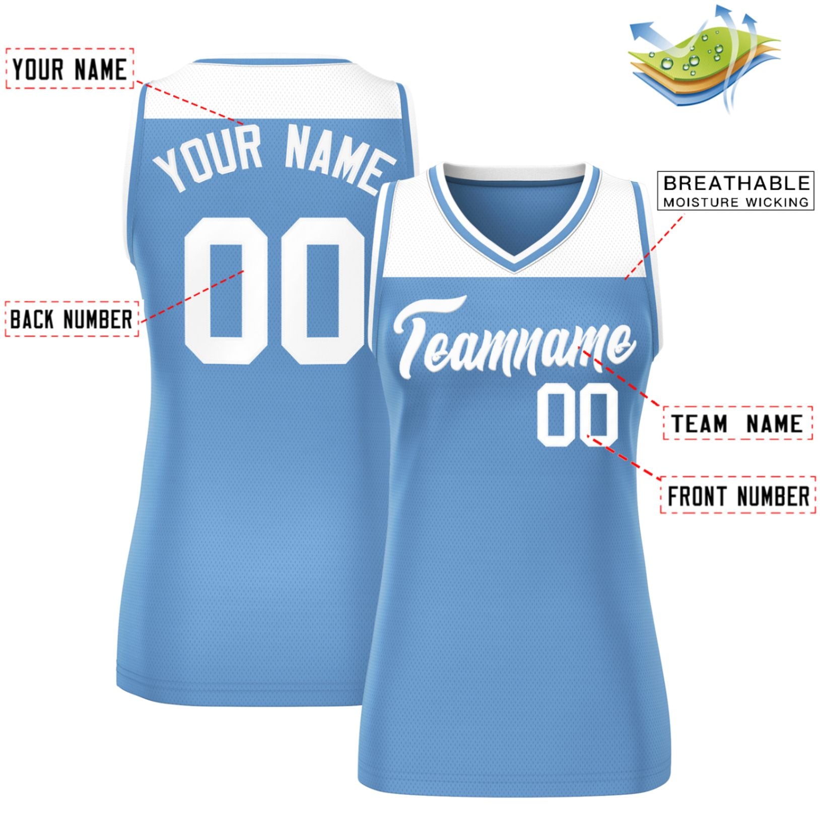 Custom White Light Blue Color Block Fashion Tops Mesh Basketball Jersey For Women