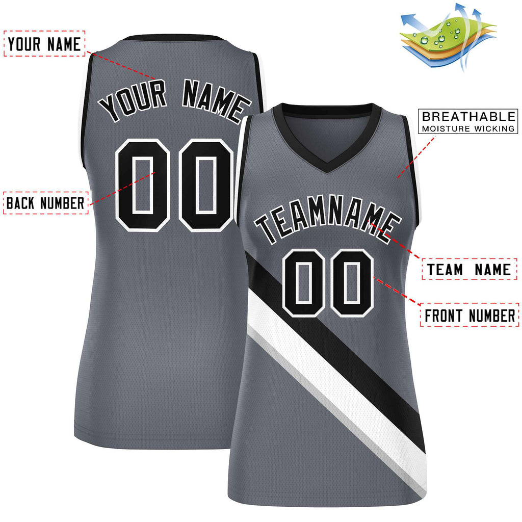 Custom Dark Gray Black-White Thick Slash Fashion Tops Mesh Basketball Jersey For Women