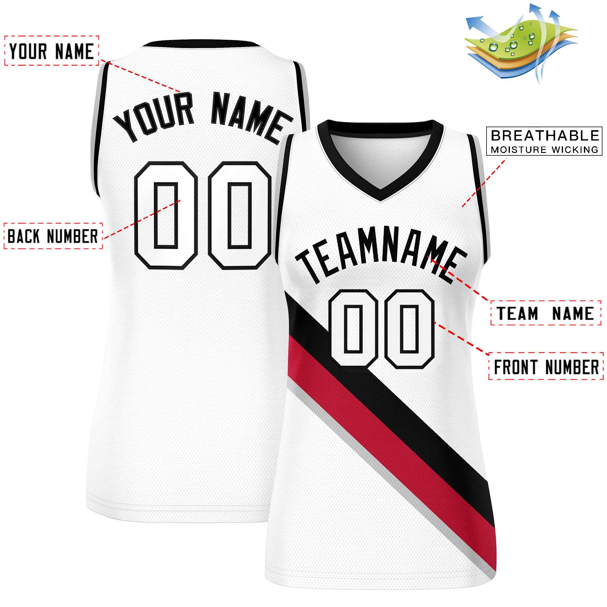 Custom White Black-Gray Thick Slash Fashion Tops Mesh Basketball Jersey For Women