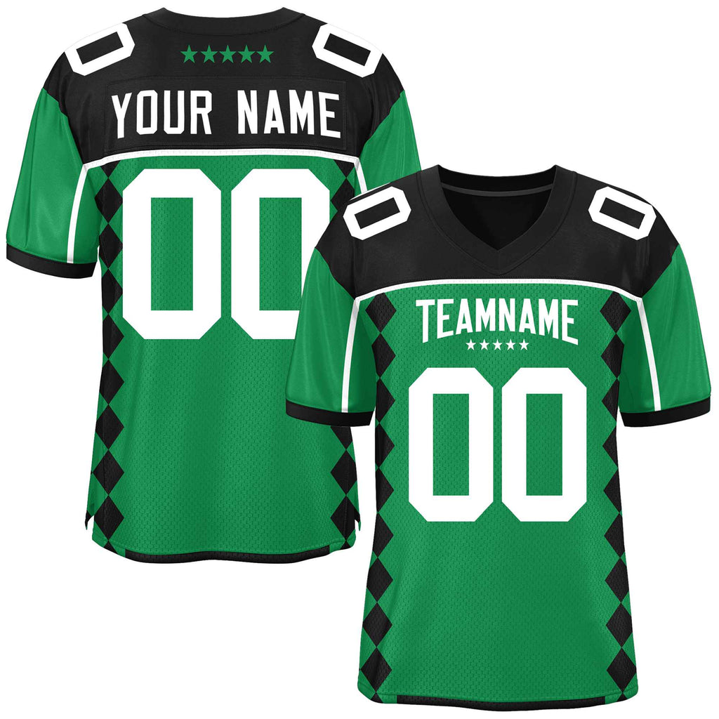Custom Black Kelly Green Raglan Sleeves Side Blocks Pattern Authentic Football Jersey