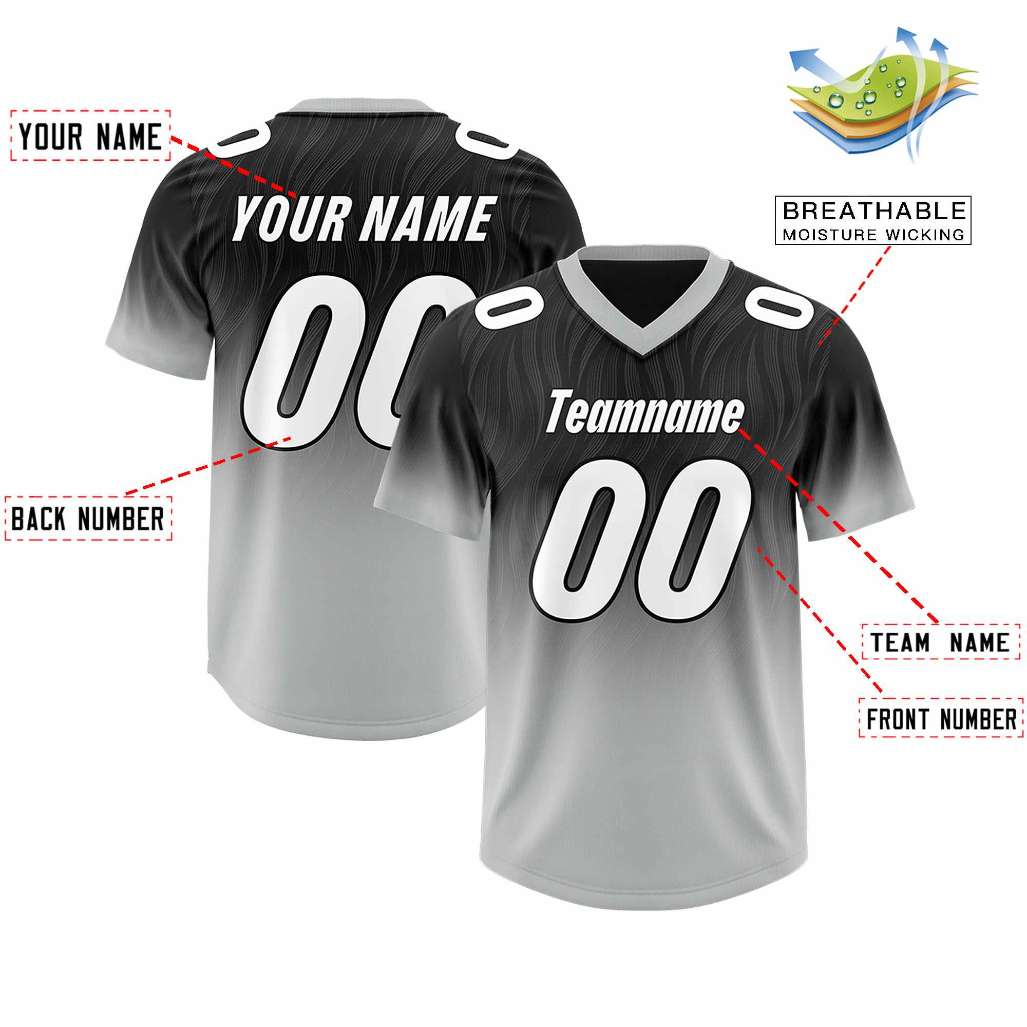Custom Black Gray Gradient Fashion Outdoor Authentic Football Jersey