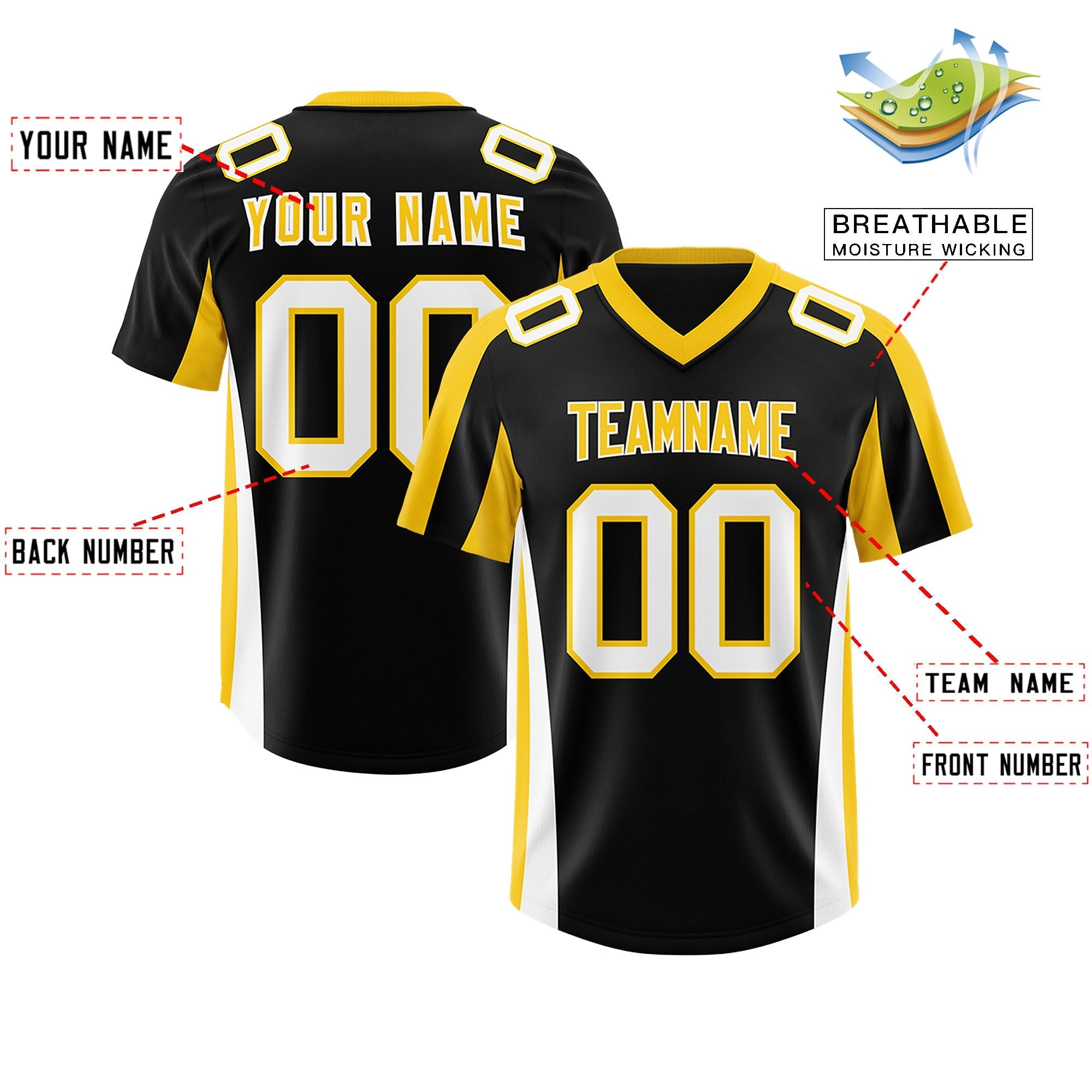 Custom Black Gold Side Stripe Pattern Authentic Football Jersey
