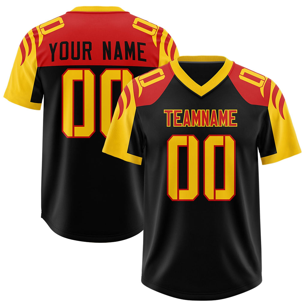 Custom Black Gold Raglan Sleeves Personalized Pattern Authentic Football Jersey