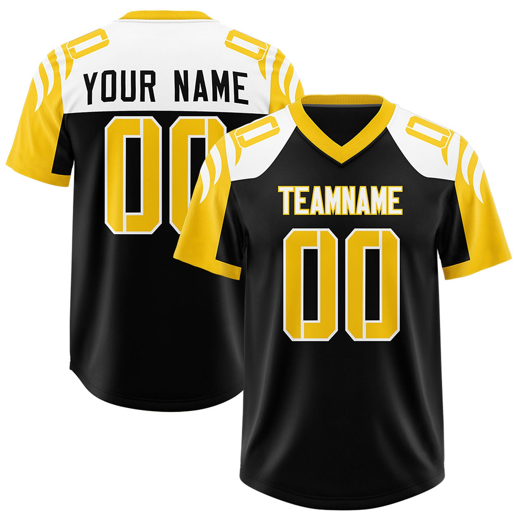 Custom Black Gold Raglan Sleeves Personalized Pattern Authentic Football Jersey