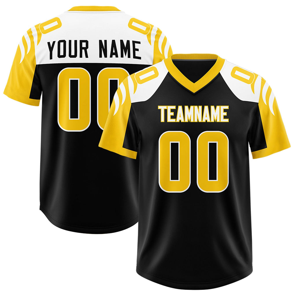 Custom Black Gold Raglan Sleeves Personalized Pattern Authentic Football Jersey