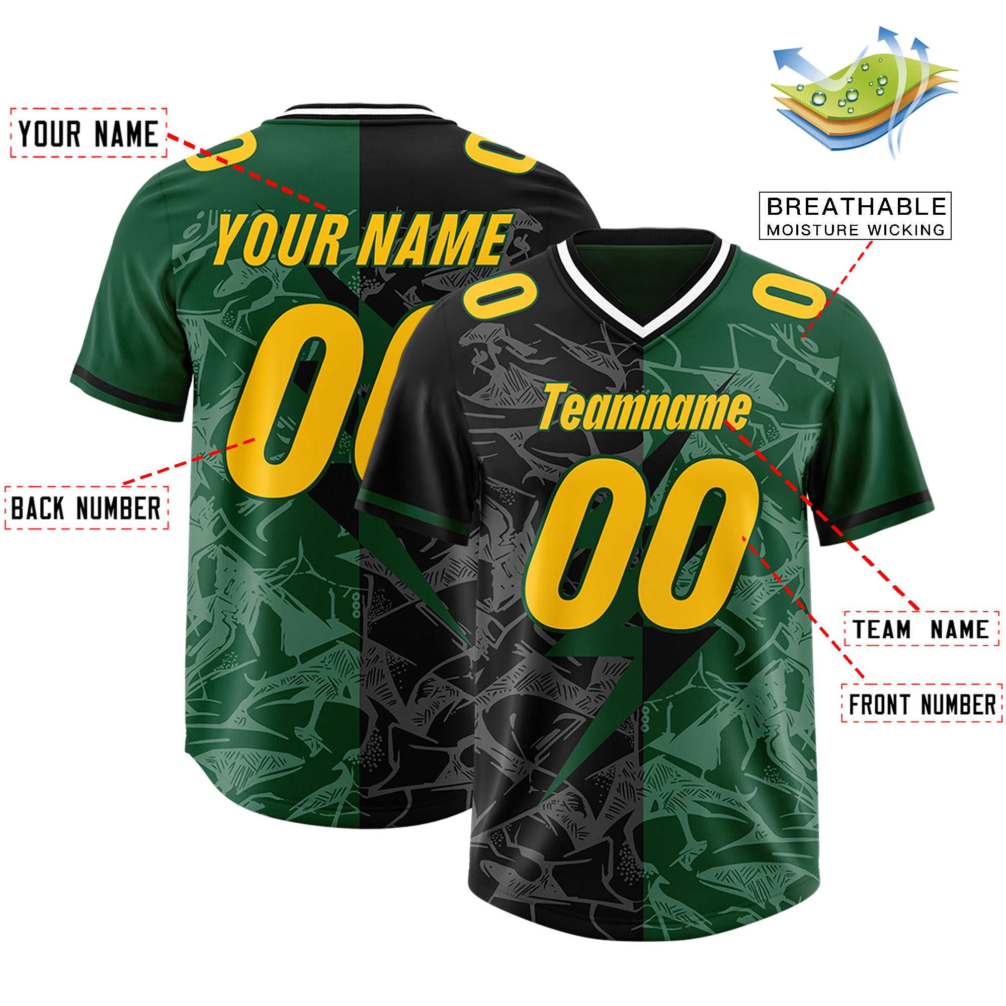 Custom Black Green Split Personalized Lightning Pattern Football Jersey