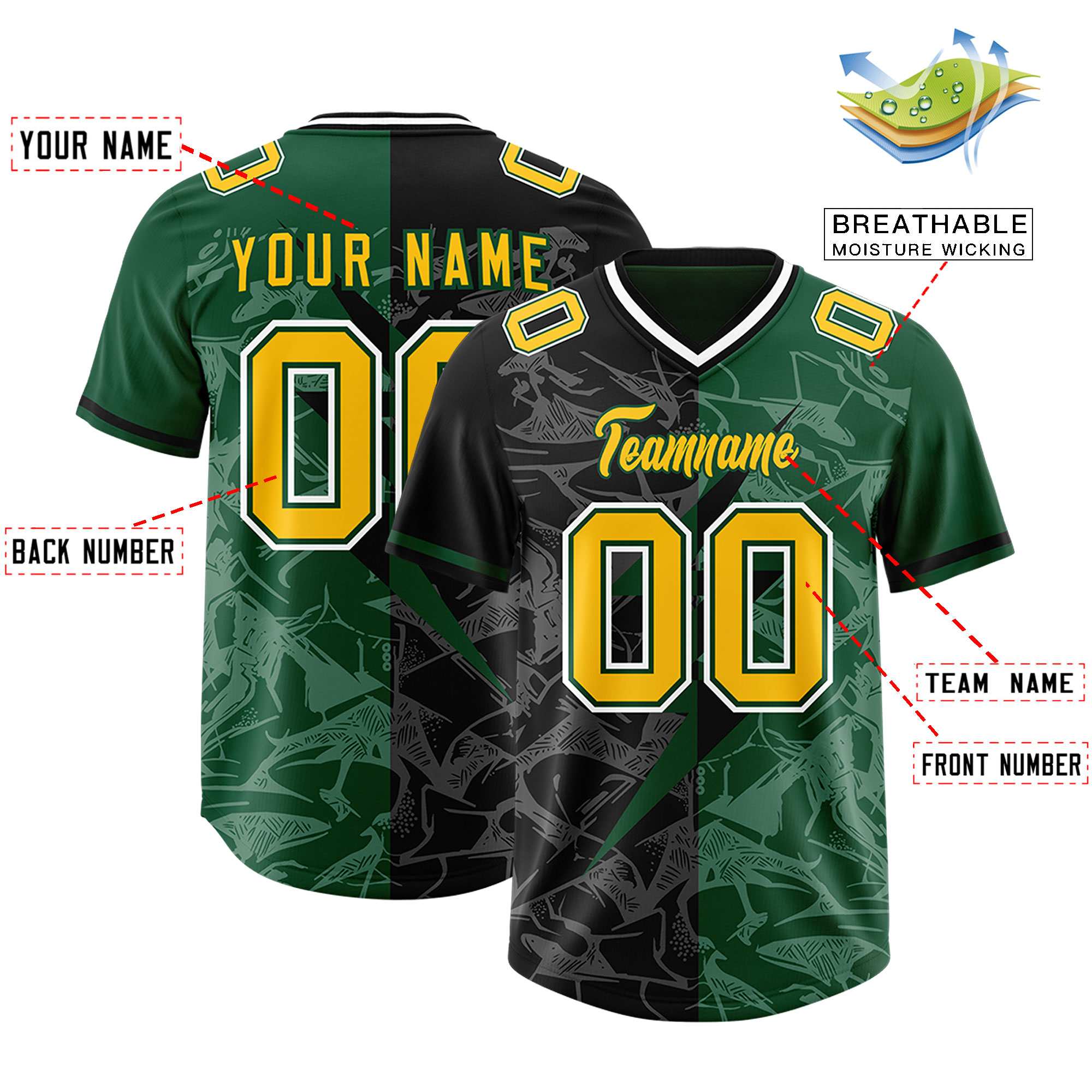 Custom Black Green Split Personalized Lightning Pattern Football Jersey
