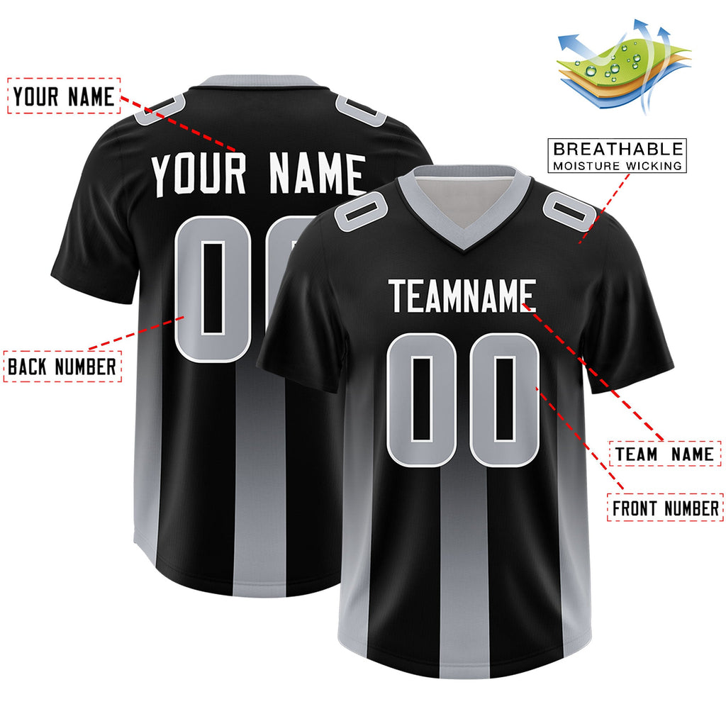 Custom Black Gray Vertical Width Stripe Gradient Fashion Personalized Team Football Jersey