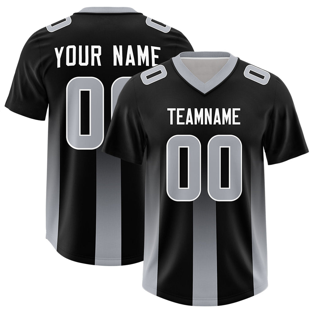 Custom Black Gray Vertical Width Stripe Gradient Fashion Personalized Team Football Jersey
