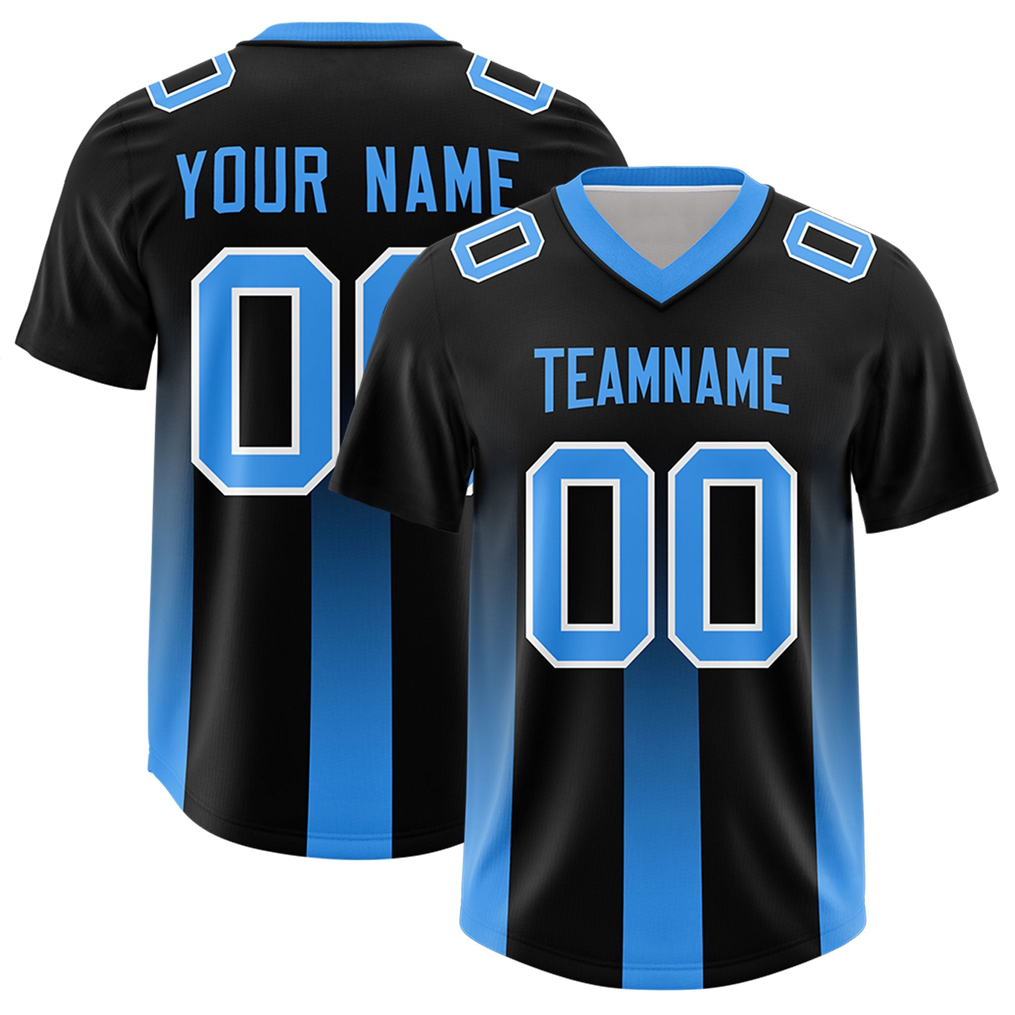 Custom Black Light Blue Vertical Width Stripe Gradient Fashion Personalized Team Football Jersey