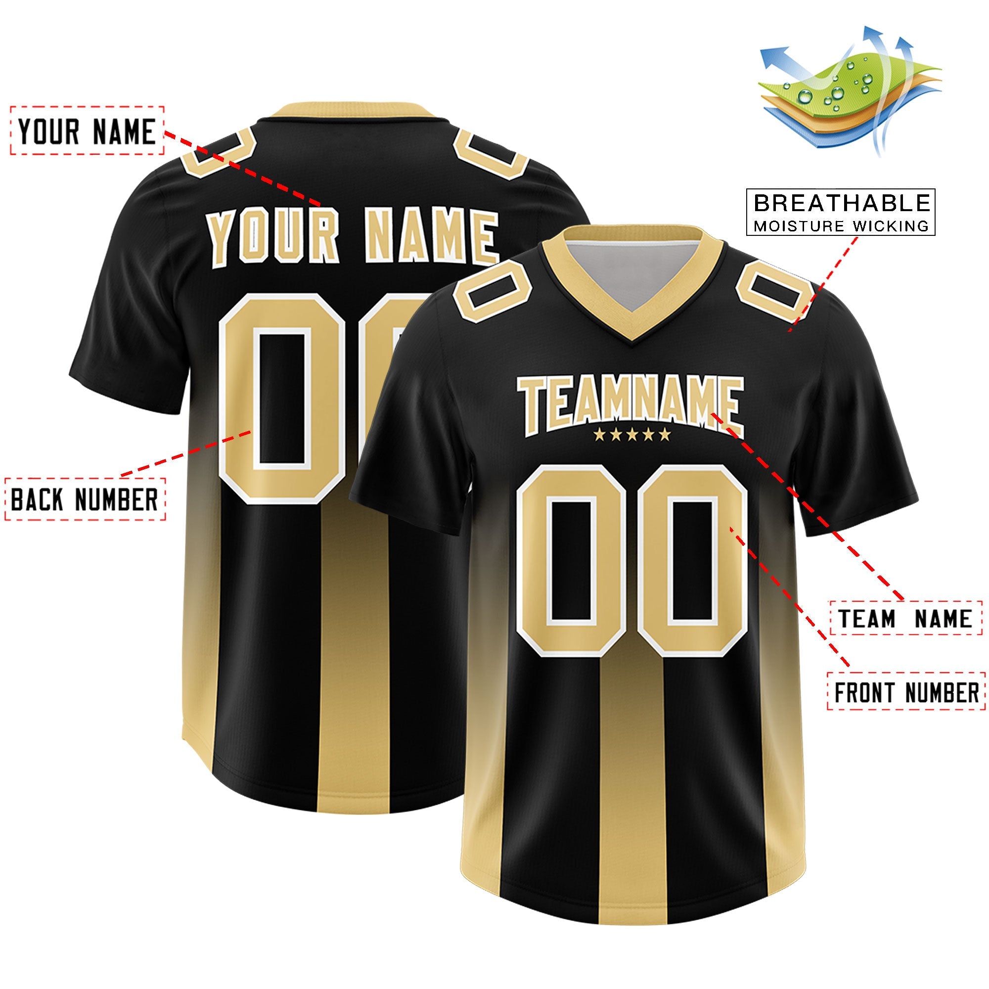 Custom Black Khaki Vertical Width Stripe Gradient Fashion Personalized Team Football Jersey