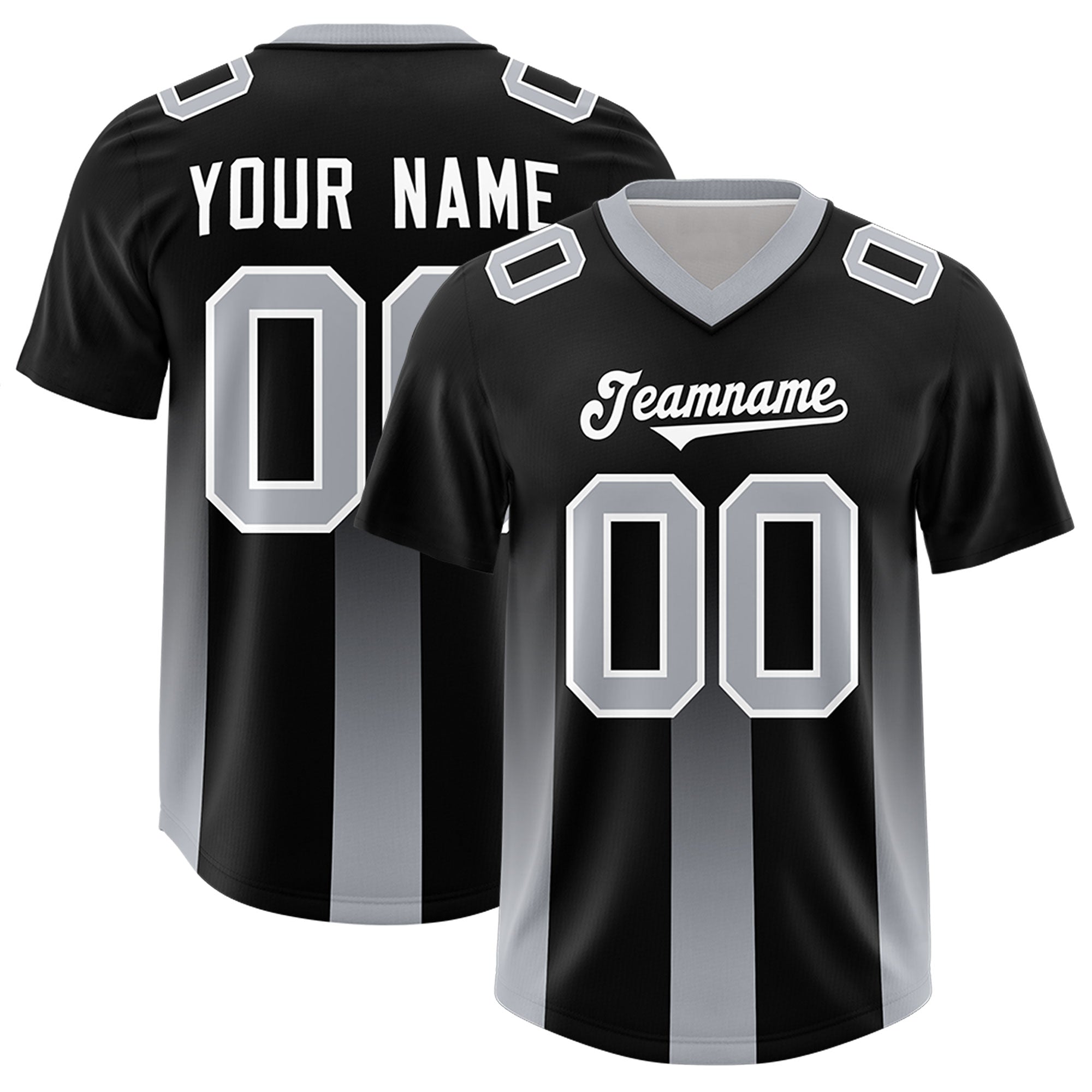 Custom Black Gray Vertical Width Stripe Gradient Fashion Personalized Team Football Jersey