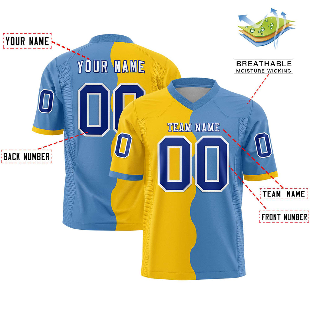 Custom Light Blue Gold Split Fashion Mesh Authentic Football Jersey