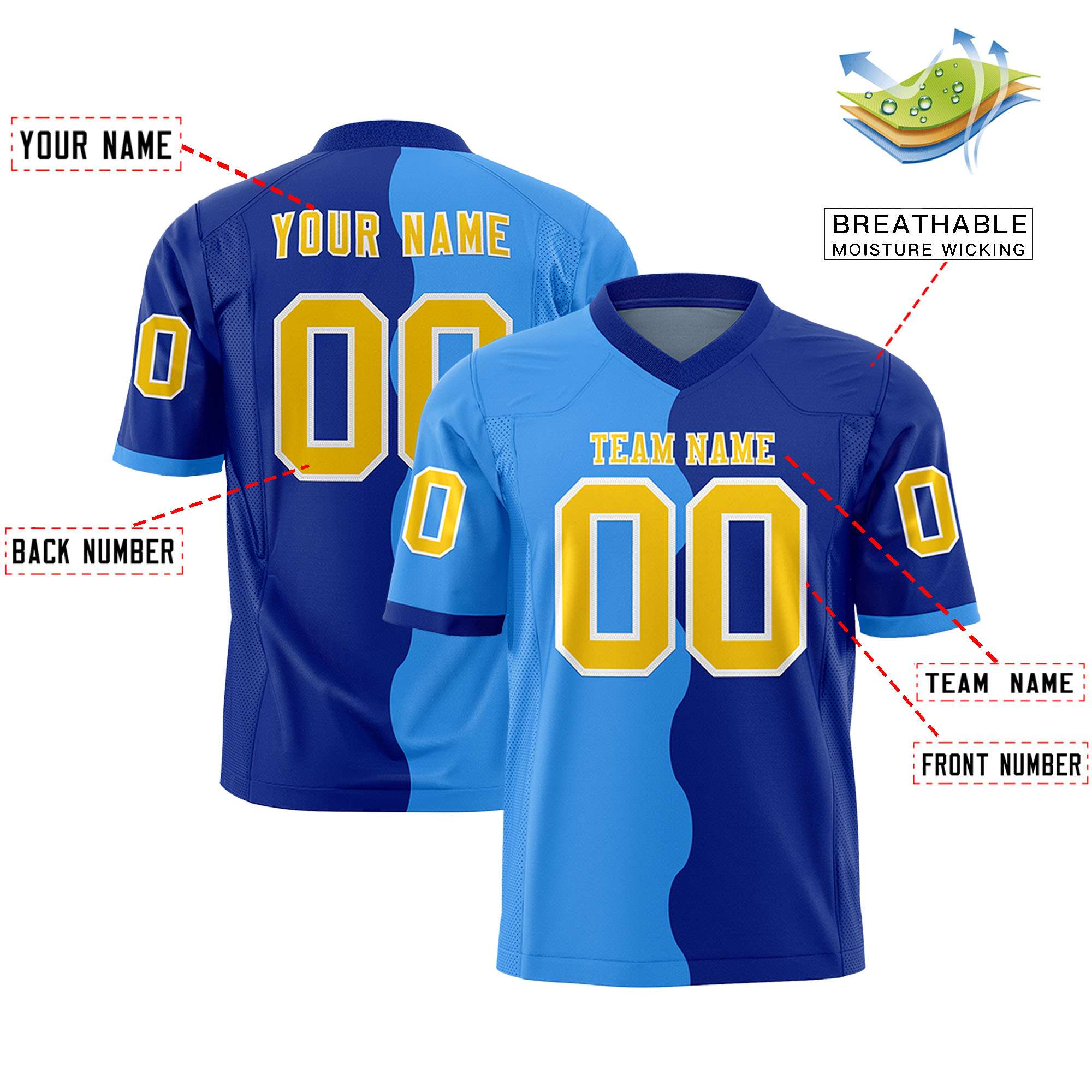 Custom Royal Powder Blue Split Fashion Mesh Authentic Football Jersey