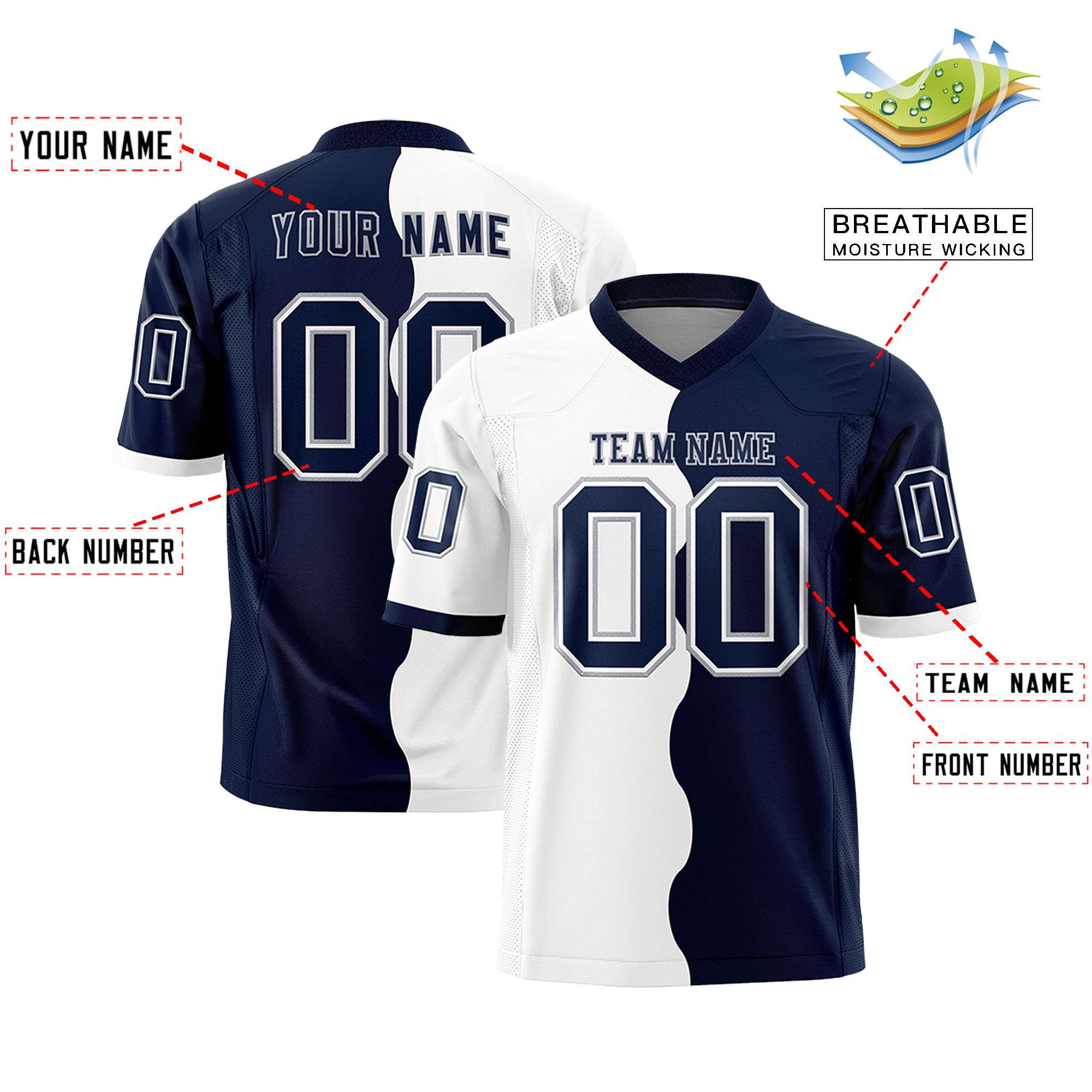 Custom Navy White Split Fashion Mesh Authentic Football Jersey