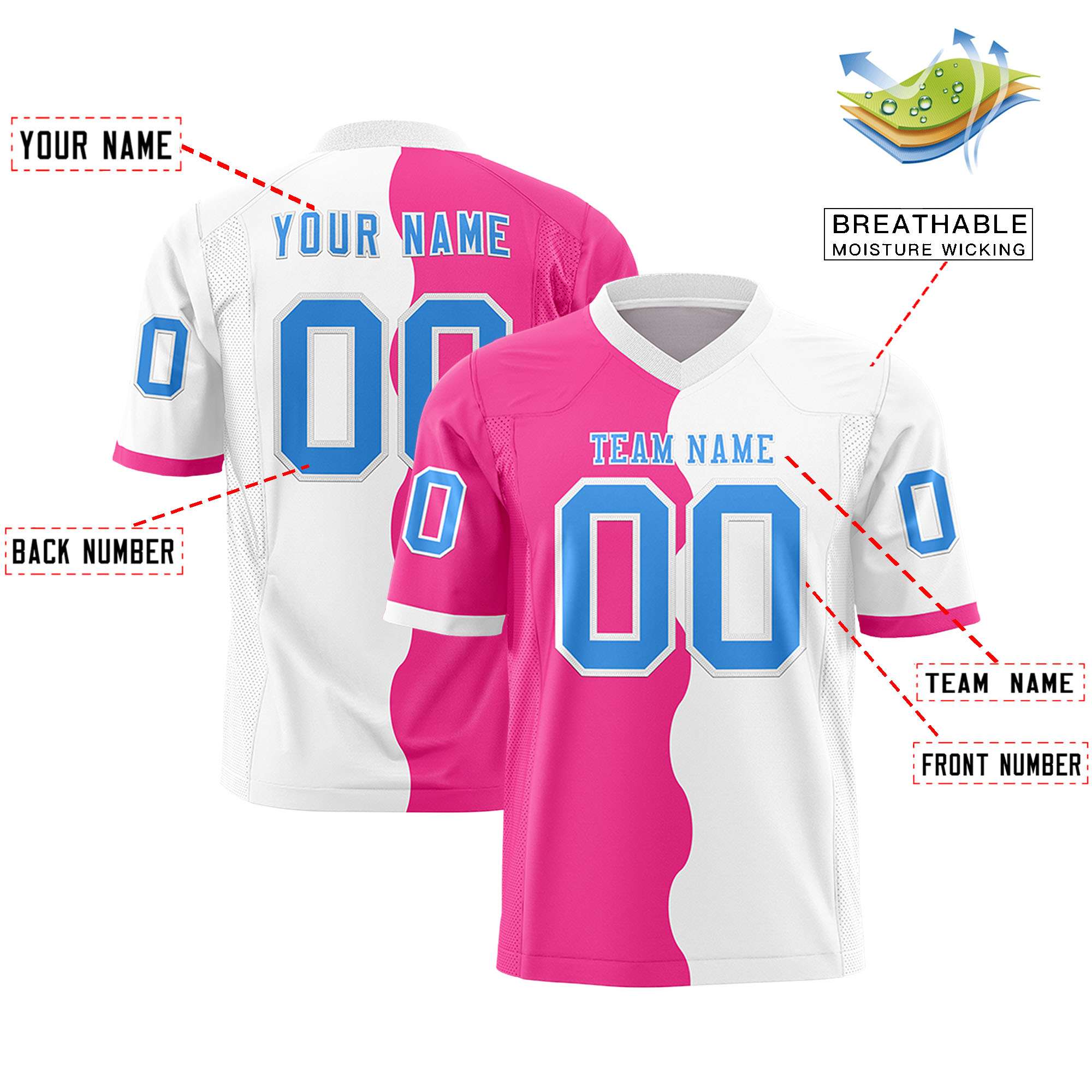Custom White Pink Split Fashion Mesh Authentic Football Jersey
