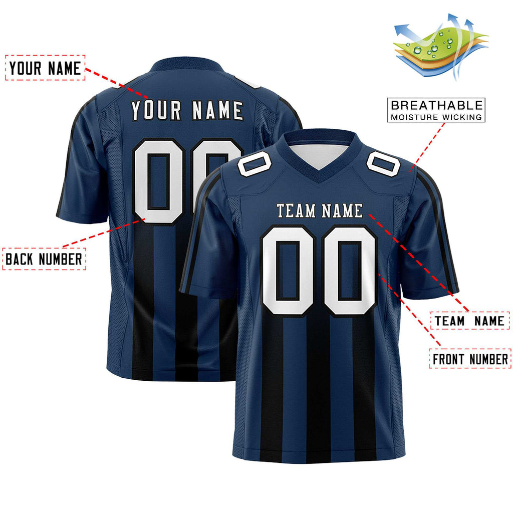 Custom Navy Black Vertical Fine Stripe Gradient Fashion Personalized Team Football Jersey