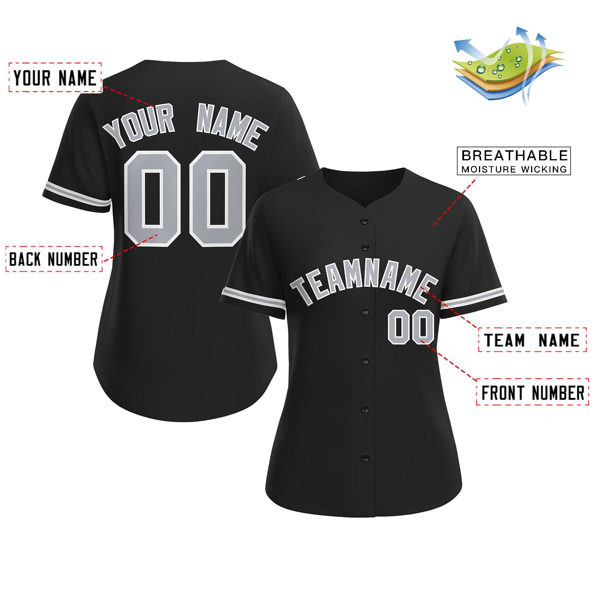 Custom Black Gray-White Classic Style Baseball Jersey For Women