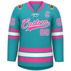 Custom Aqua Pink-White Lace-Up Neck Hockey Jersey