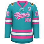 Custom Aqua Pink-White Lace-Up Neck Hockey Jersey