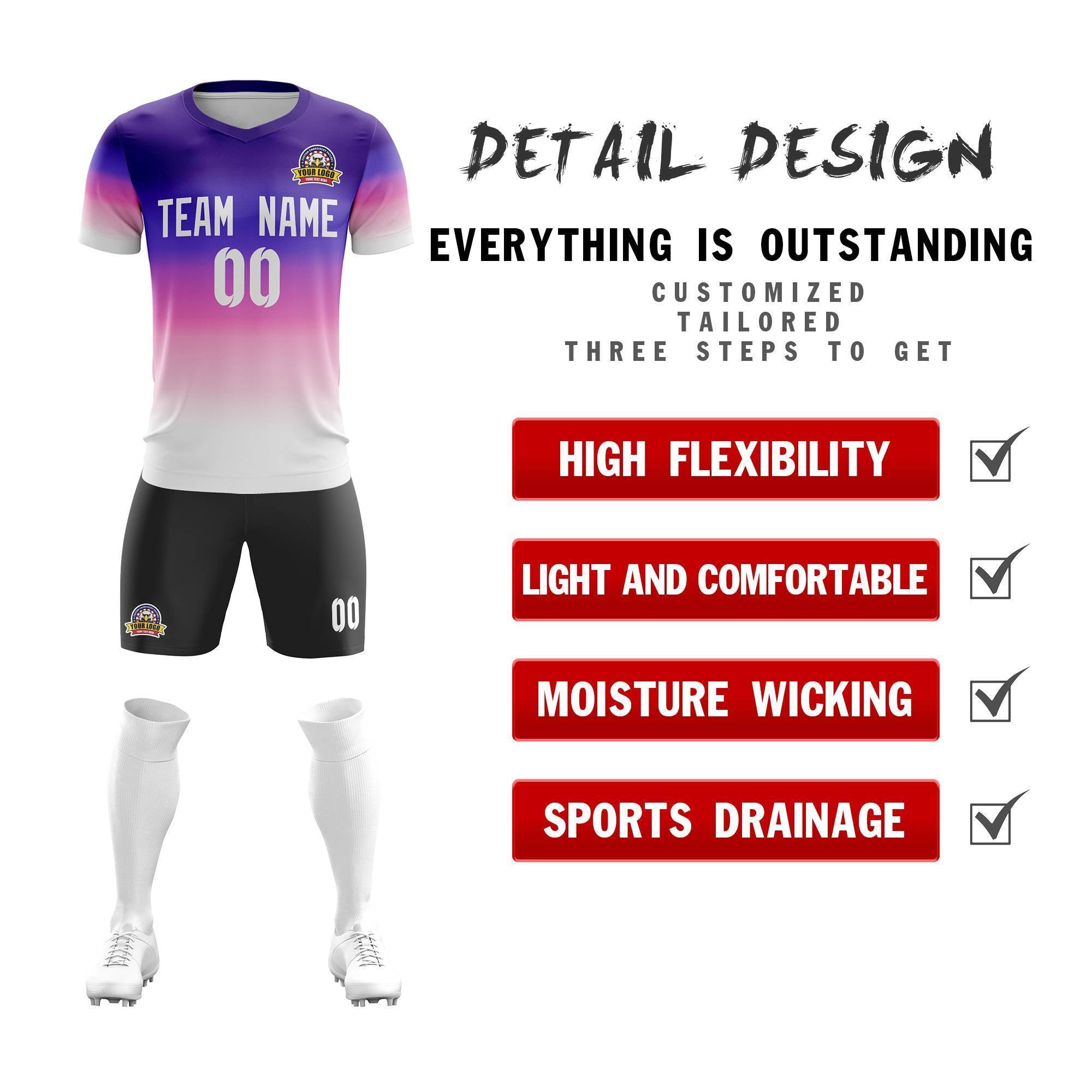 Custom Purple White Casual Sport Soccer Sets Jersey