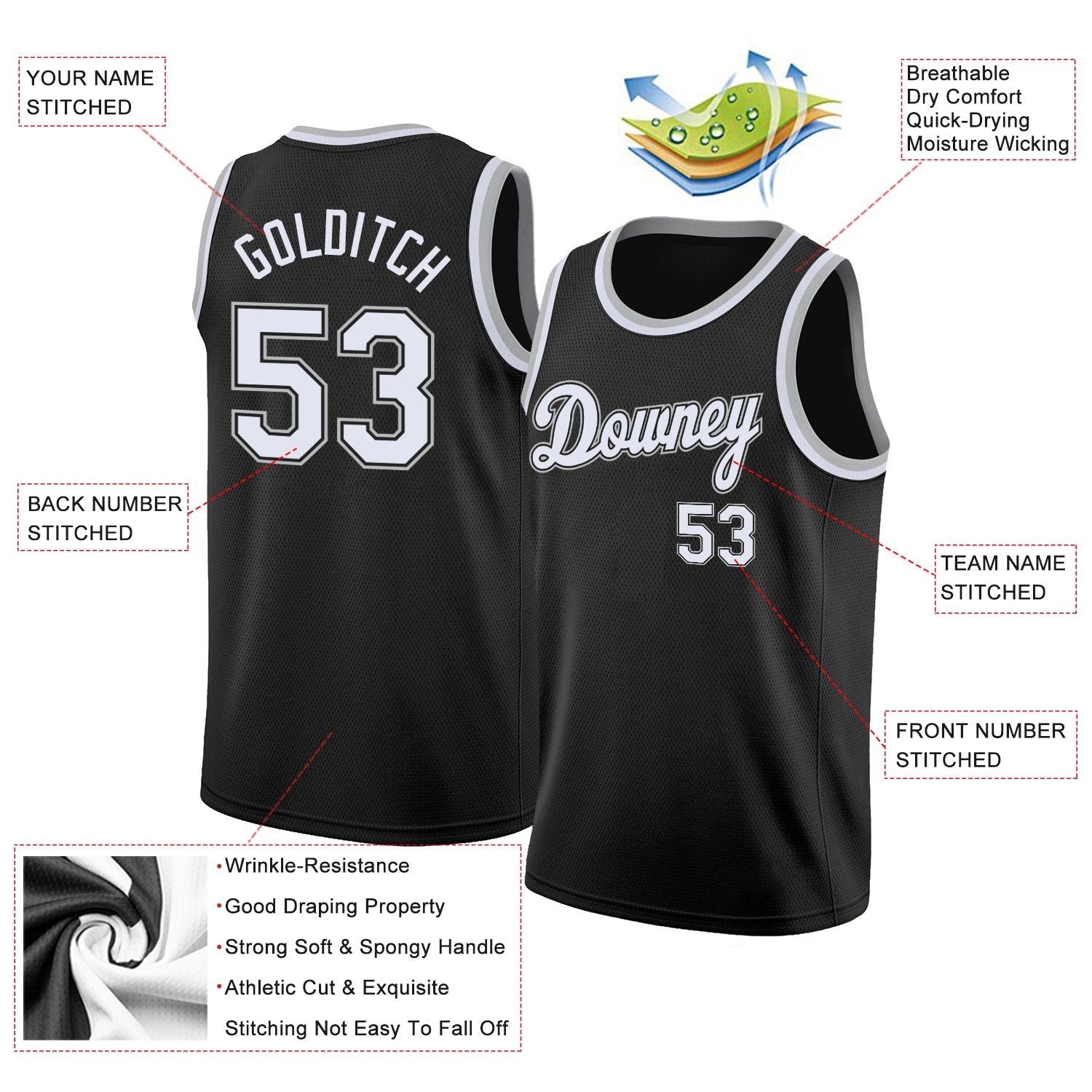 Custom Black White-Gray Classic Tops Breathable Basketball Jersey